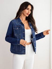 Elenzga Casual Loose Long Sleeve Front Button Women Denim Jackets - Dark Wash - View 6