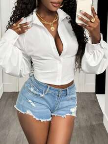 BamGleam Áo sơ mi trơn màu hở lưng thiết kế thắt nơ gợi cảm tay lỡ hở vai cho nữ - trắng - Xem 2