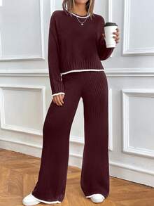 SHEIN PETITE 2pcs Women Contrast Trim Drop Shoulder Crew Neck Loose Knit Pullover Sweater Set - Burgundy - View 5
