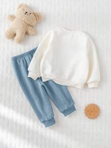 Cozy Pixies 2pcs Baby Boy Cartoon Bear Embroidery Knitted Soft Crew Neck Long Sleeve Sweatshirt And Elastic Waist Thermal Lined Pants Set