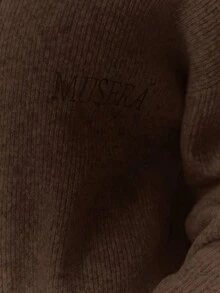MUSERA Oversized Rib Knit Embroidered Zip Through Long Sleeve Cardigan Only Cosy Cute Casual Coffee Club Evening Party Elegant - Chocolate Brown - View 6