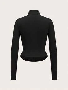 SHEIN EZwear 1件女士黑色罗纹针织开衫，适合秋季 - 黑色 - 查看 2