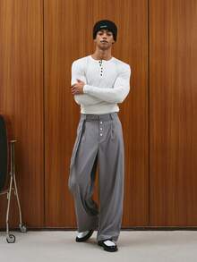 TOKVUE Men's Button Front Striped Pleated Wide Leg Loose Casual Pants - smoke gray - View 5