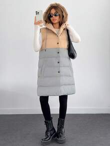 SHEIN Cottnline Woman 2 Colored Block Color Sleeveless Padded Drawstring Detailed Hoody Neck Front Snap Button Up Midi Length Winter Coat Casual - Multicolor - View 4