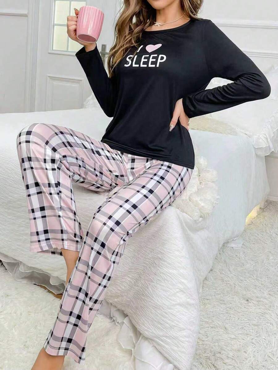 Letter Graphic Tee & Plaid Pants PJ Set / Pajama Set, Fall Winter Clothes