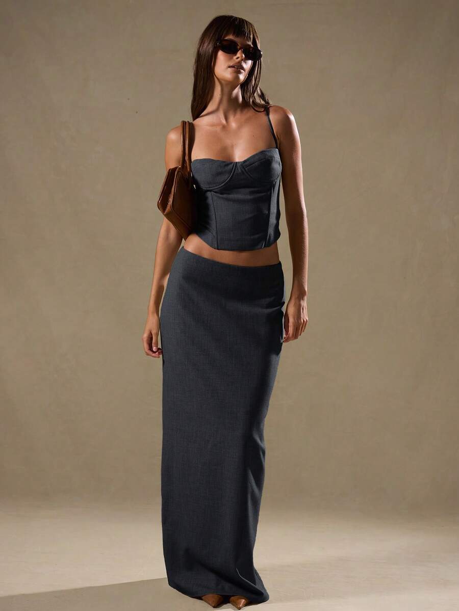 MUSERA Low Rise Column Fit Maxi Skirt Elegant Summer Casual   Winter   Occasion  Party Spring Summer - Navy Blue - View 1