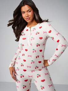 Missguided x Playboy 圣诞樱桃印花纽扣前开襟长袖连体裤 - 彩色 - 查看 3