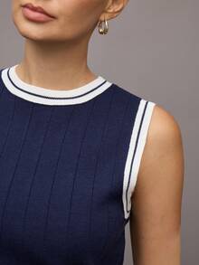 Activina Women's Sleeveless Contrast Trim Sporty Sweater - Blue and White - View 6