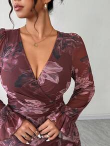 Elenzga Đầm dài họa tiết hoa viền bèo nhún cỡ lớn thời trang dành cho nữ mới, đầm mùa thu, đầm bèo nhún, đầm hoa - Nhiều màu - Xem 6