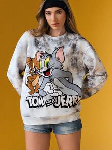 TOM & JERRY X SHEIN Lässiger Damen-Pullover im Street-Chic-Stil mit Cartoon- und Batikmuster, Drop Shoulder und lockerer Passform, ideal für den Alltag und Frühling/Herbst - Grau - Übersicht 3