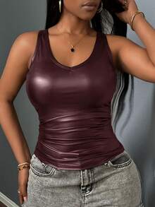 Slaydiva Women's Solid Color U-Neck Wide Strap Sleeveless Fitted Fashion Tank Top - Rust Brown - View 3