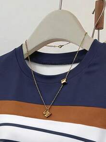 SHEIN 夏季时尚百搭优雅女式 T 恤，腰部收紧多色条纹拼接短袖 T 恤，休闲户外上衣，亮色图案设计，适合散步、旅行、街头摄影 - 彩色 - 查看 3