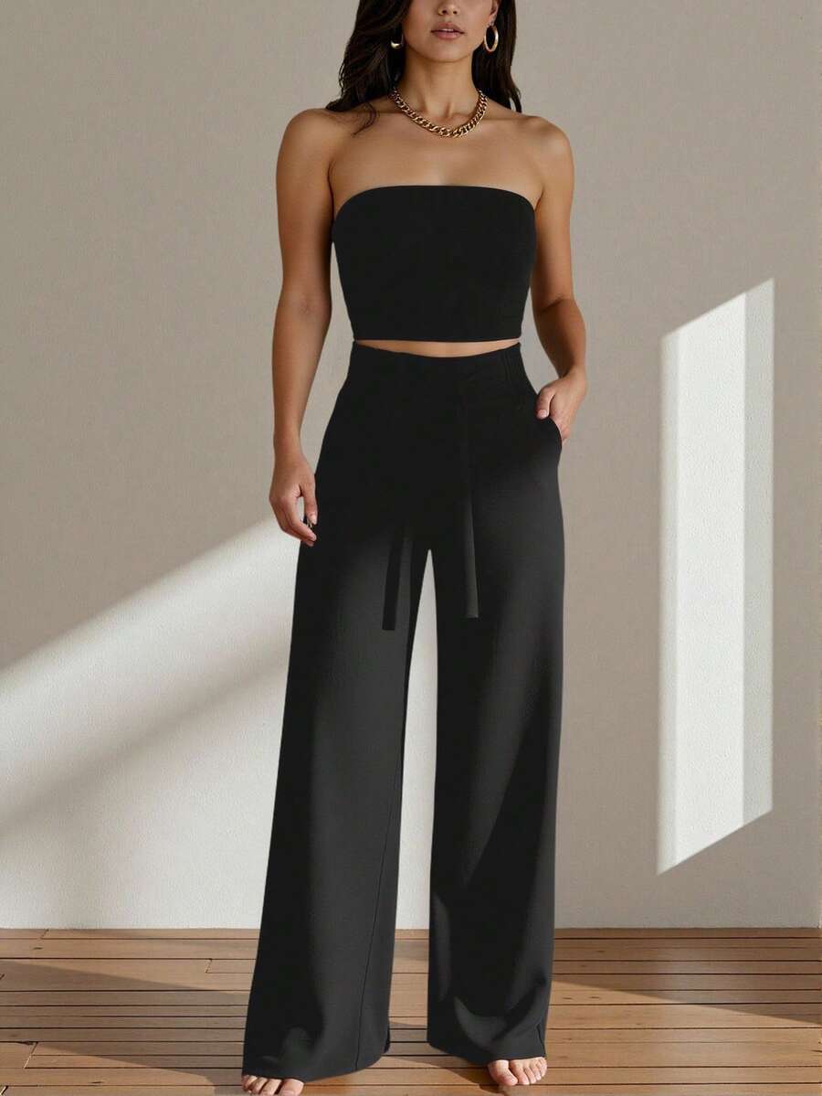 INAWLY 2 件套休闲度假抹胸衬衫和宽松直筒裤套装 - 黑色 - 查看 1