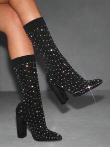 CUCCOO SZL Women's Pointed Toe High Heel Elastic Rhinestone Socks Boots - Black - View 1