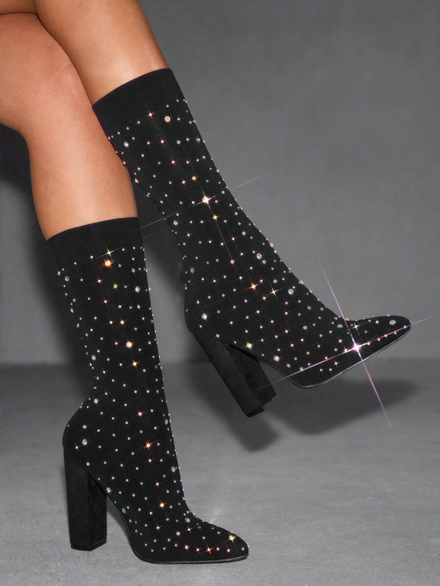 CUCCOO SZL Women's Pointed Toe High Heel Elastic Rhinestone Socks Boots - Black - View 1