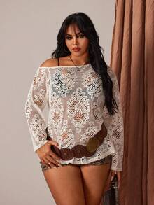 Rustia Women's Lace Knit Hollow Out Crochet Sheer Pullover Top - Apricot - View 5