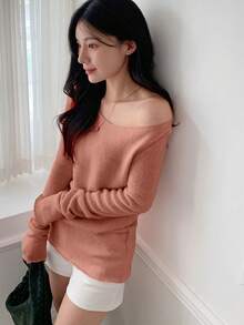 DAZY 女式纯色休闲宽松常规长袖T恤，秋季 - 粉色 - 查看 3