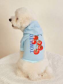 PETSIN 1pc Red Tomato Letter Printed Pet Hoodie With Hat Light Blue Autumn And Winter Thick Warm Windproof Home Pet Clothing
