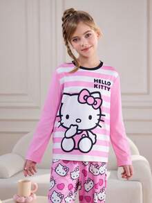 HELLO KITTY AND FRIENDS | SHEIN 2 件套少女可爱卡通小猫心形印花条纹拼色圆领长袖上衣和裤子睡衣套装 - 粉色 - 查看 6