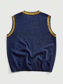 ROMWE MEN Street Life Áo len dệt kim cổ chữ V họa tiết hoa hướng dương cho nam, phong cách cổ điển, mùa đông - Xanh đậm - Xem 2