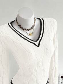 Elamini 休闲百搭拼色条纹扭纹V领毛衣 - 彩色 - 查看 4