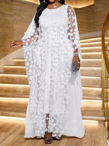 SHEIN CURVE+ 女士大码优雅礼服，适合春、夏、秋、冬各季节的派对、婚礼、鸡尾酒会、音乐会/音乐节等场合。白色针织/梭织大圆领飘逸长袖，可定制大码尺寸。 - 白色 - 查看 4