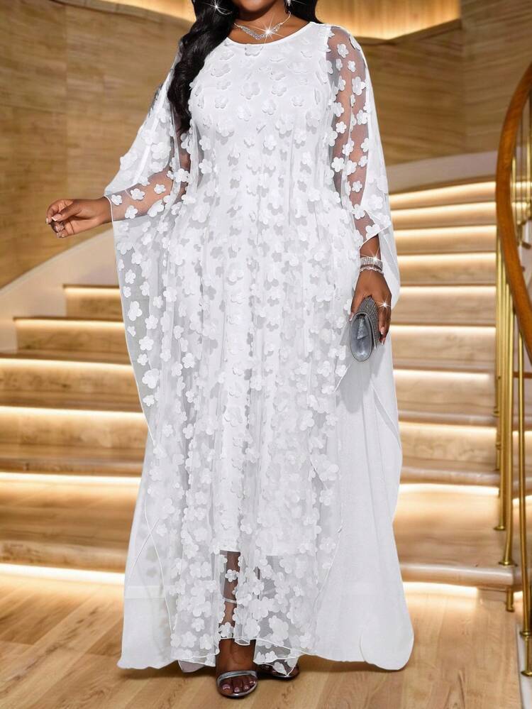 SHEIN Lady Spring And Summer Autumn And Winter Elegant Modest Party Wedding Cocktail Party Concert/Music Festival White Knitted Woven Scoop Neck Flowy Cloak Sleeve Long Long Sleeve Plus Size Co-Ords - White - View 4