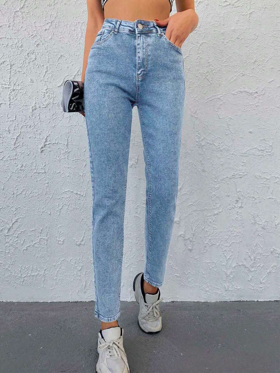 SHEIN Tall Quần jean ống rộng cạp cao 98% cotton, túi xéo, dáng Mom Fit - Màu xanh nhạt - Xem 1