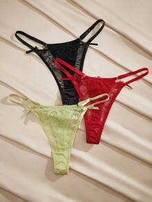 Charlaine 3pcs Lace Eyelash Satin Thong Panties For Women - Multicolor - View 3