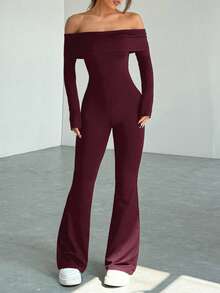 SHEIN EZwear 女式露肩长袖休闲喇叭连体裤，酒红色，秋冬 - 酒紅色 - 查看 1