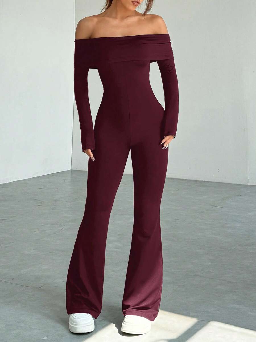 SHEIN EZwear 女式露肩长袖休闲喇叭连体裤，酒红色，秋冬 - 酒紅色 - 查看 1