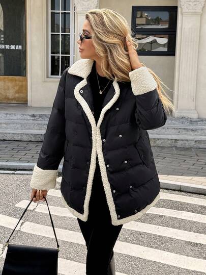 Serisse 女式撞色翻领长袖双排扣休闲冬季夹克