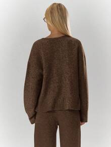 MUSERA Oversized Rib Knit Embroidered Zip Through Long Sleeve Cardigan Only Cosy Cute Casual Coffee Club Evening Party Elegant - Chocolate Brown - View 2