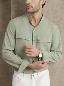 Core Aspect Herren Grünes Cargo Taschen Einreiher Lässig Langarm Hemd - Grün - Übersicht 6
