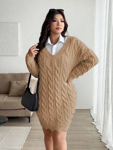 Vionelle 加大码 V 领波浪下摆抽绳麻花针织图案长袖毛衣裙，纯色，休闲时尚，适合秋冬 - 卡其色 - 查看 3