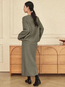 Dazy-Less Women's Loose Business Casual Textured Cable Knit Cardigan And Straight Leg Casual Pants Suit, Autumn/Winter - Green - View 2