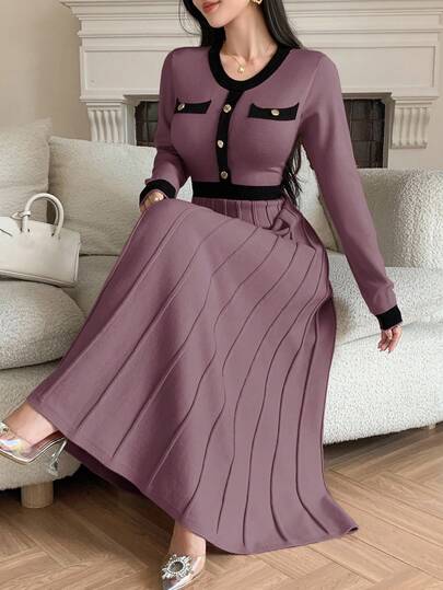 DAZY Vestido de suéter de cuello redondo con bloque de color elegante para mujer, otoño