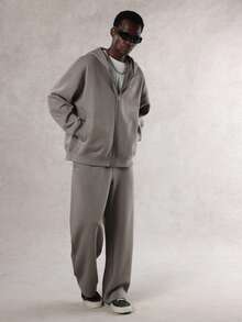 DAZY 男士字母印花保暖内衬拉链连帽衫套装，卡其色，秋冬 - 卡其色 - 查看 6