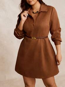 SHEIN LUNE Plus Size Women's Brown Suede Dress, Western Cowgirl Style Shirt Collar Long Sleeve Short Casual Straight Dress - Brown - View 7