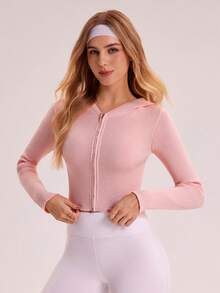 SHEIN Sovereign Charm 女式纯色前拉链短款修身长袖连帽针织开衫 - 淺粉色 - 查看 3