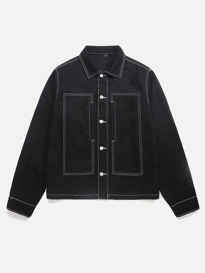 Chillumni 街头休闲水洗黑色修身撞色拼接牛仔外套，春秋