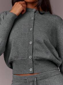 Athîral Women's Solid Color Minimalist Long Sleeve Sweater And Pants 2 Pieces Set, Casual Everyday Wear,Fall,Fall Clothes For Women - Grey - View 2