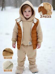 Cozy Pixies 3pcs/Set Young Boy Solid Color Knit Soft Crew Neck Long Sleeve Pullover Sweatshirt, Elastic Waist Jogger Pants, Sleeveless Vest Tan Outfit Kids Boy Clothes Set Winter Boys Autumn Winter Casual Two Piece Set - Multicolor - View 3