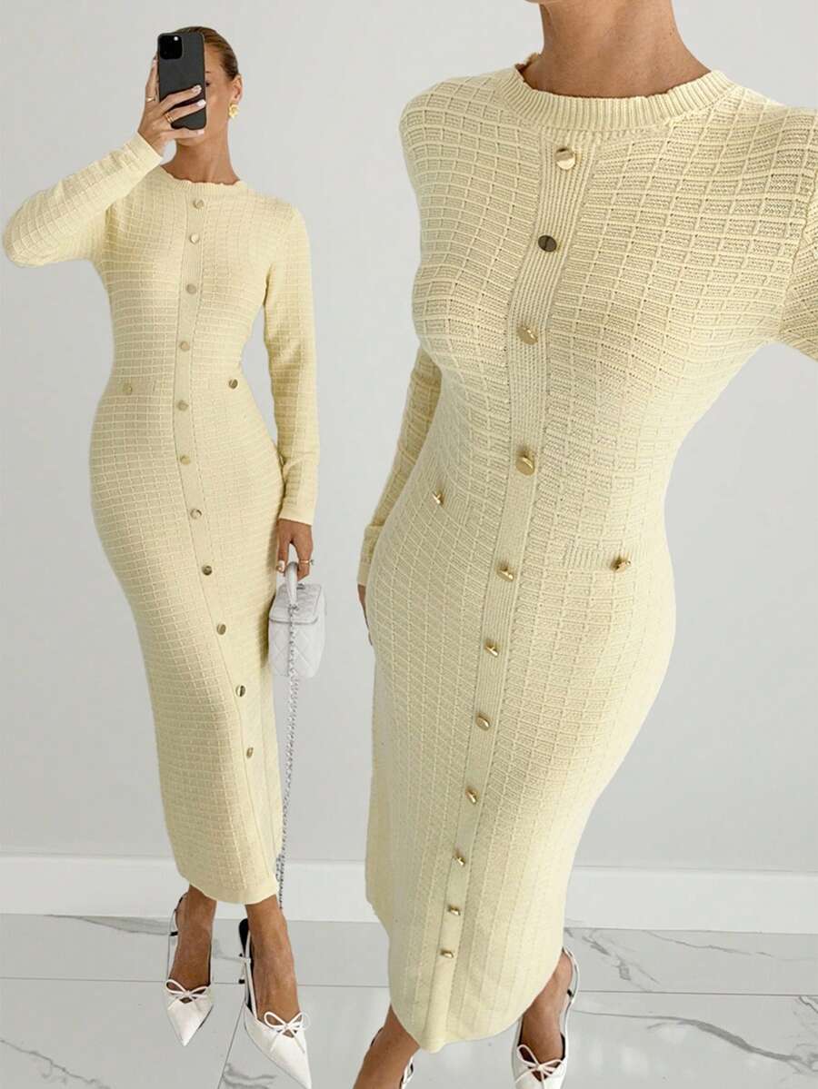Siren Gaze Women's Soft Yellow Autumn Elegent Work Knit Dress,Round Neck Long Sleeve Metal Button Design Fitted Ribbed Dress,Solid Color Winter White Dress - White - View 1