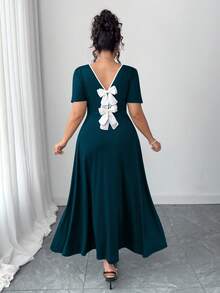 Elenzga Váy đi làm thời trang mùa hè phong cách Pháp cổ điển thanh lịch, trang trí nơ sau lưng cỡ lớn - Màu xanh ngọc - Xem 6