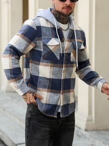 EGENSIO 男士格子长袖单排扣口袋抽绳连帽休闲夹克，秋冬男士法兰绒格子夹克，男士长袖法兰绒 - 藍白色 - 查看 3