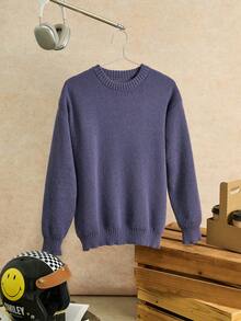 Open Phase 男士休闲纯色圆领长袖毛衣，美式街头风，宽松版型，短款，适合春秋冬季 - 紫色 - 查看 5