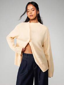 MISSGUIDED Button Front Knit Cardigan Long Sleeve Ribbed Hem Fall Winter Layering Essential - Apricot - View 1