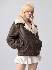 ROMWE Grunge Punk 女式拉链休闲机车夹克，带保暖衬里，秋冬 - 咖啡棕 - 查看 2