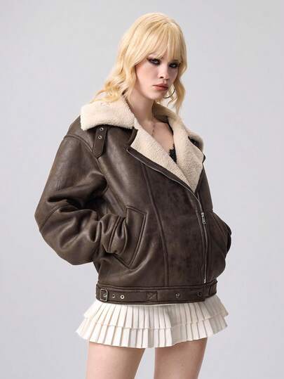 Grunge Punk Women's Zip-Up Casual Motorcycle Jacket With Thermal Lining, Autumn/Winter